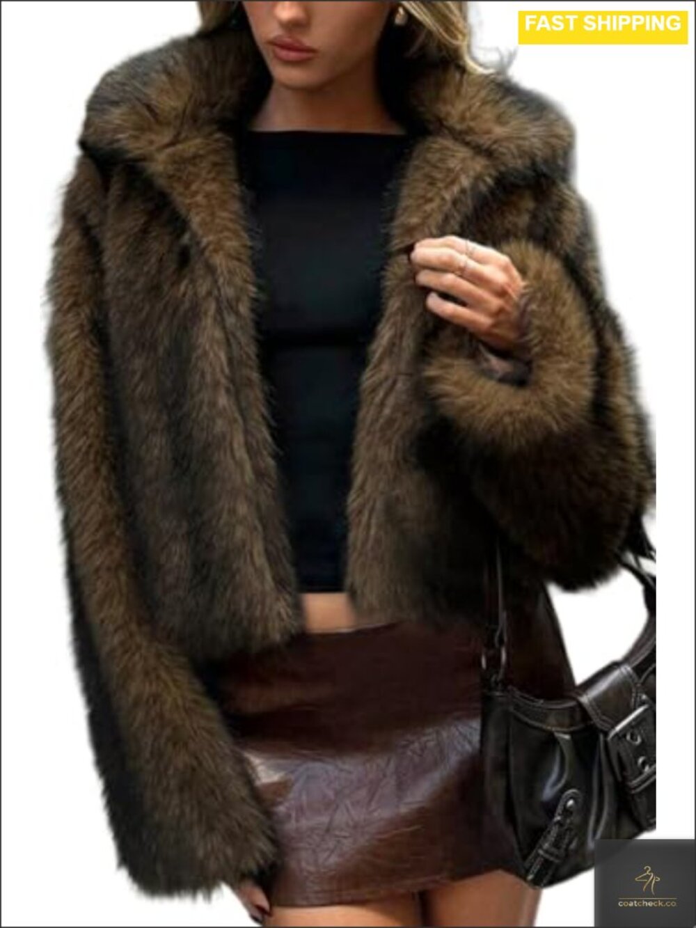 Two-Tone Faux Fur Coat Fluffy Lapel Collar Quilted Lined Overcoat